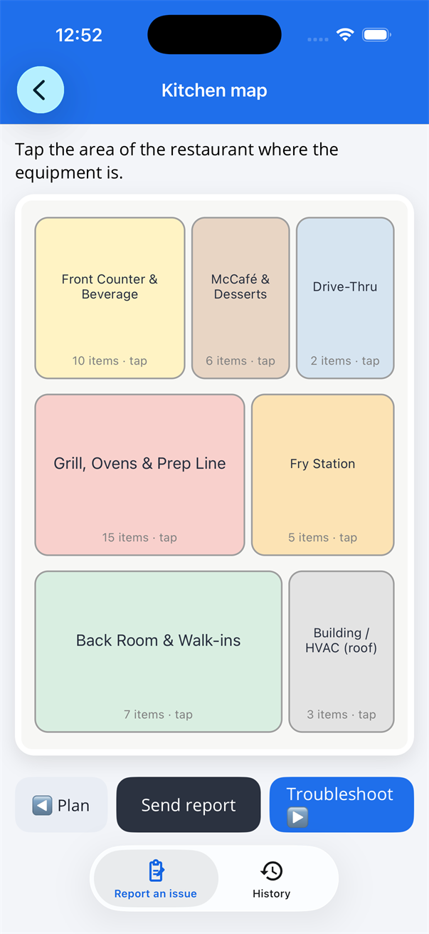 Kitchen map screen with seven tappable areas of the restaurant