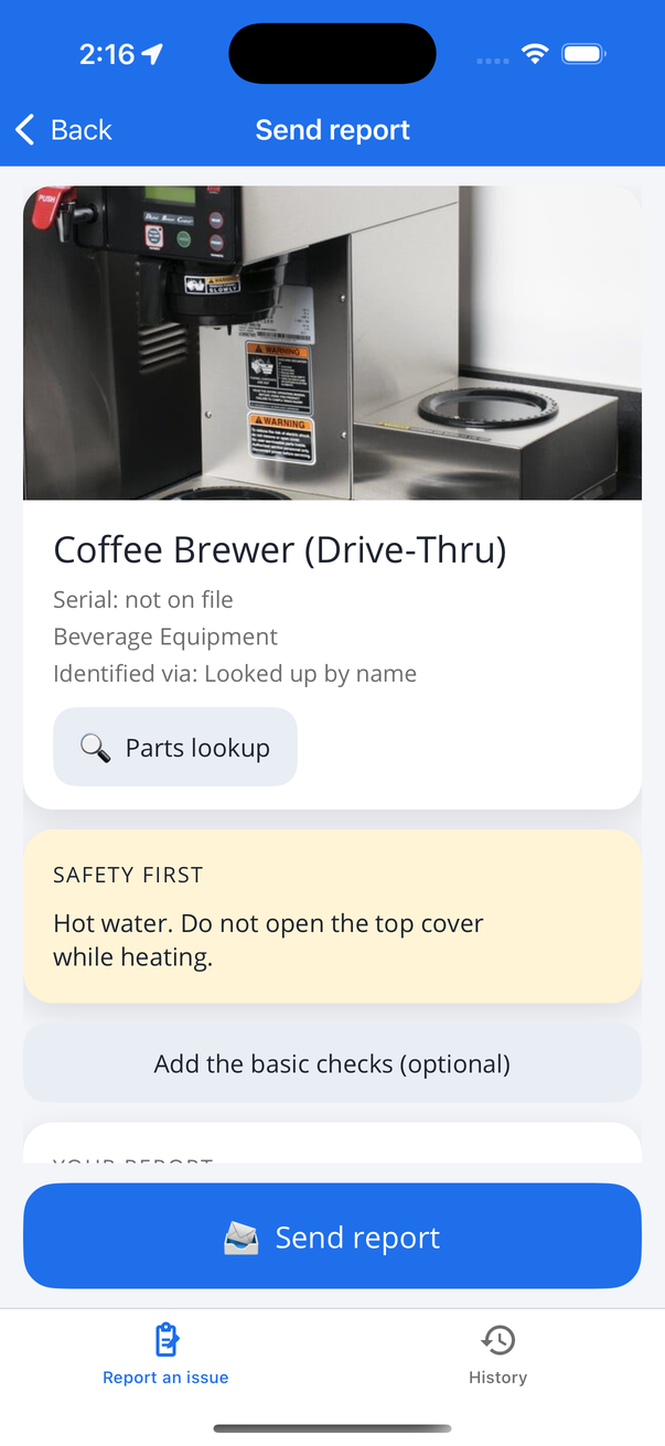 Send report screen: the machine, its photo, the safety note, the optional checks and the Send report button
